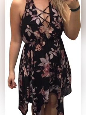 Charlotte Russe~Handkerchief Hem Dress~ Lace-up, Plunging Neckline~Flowy & Light